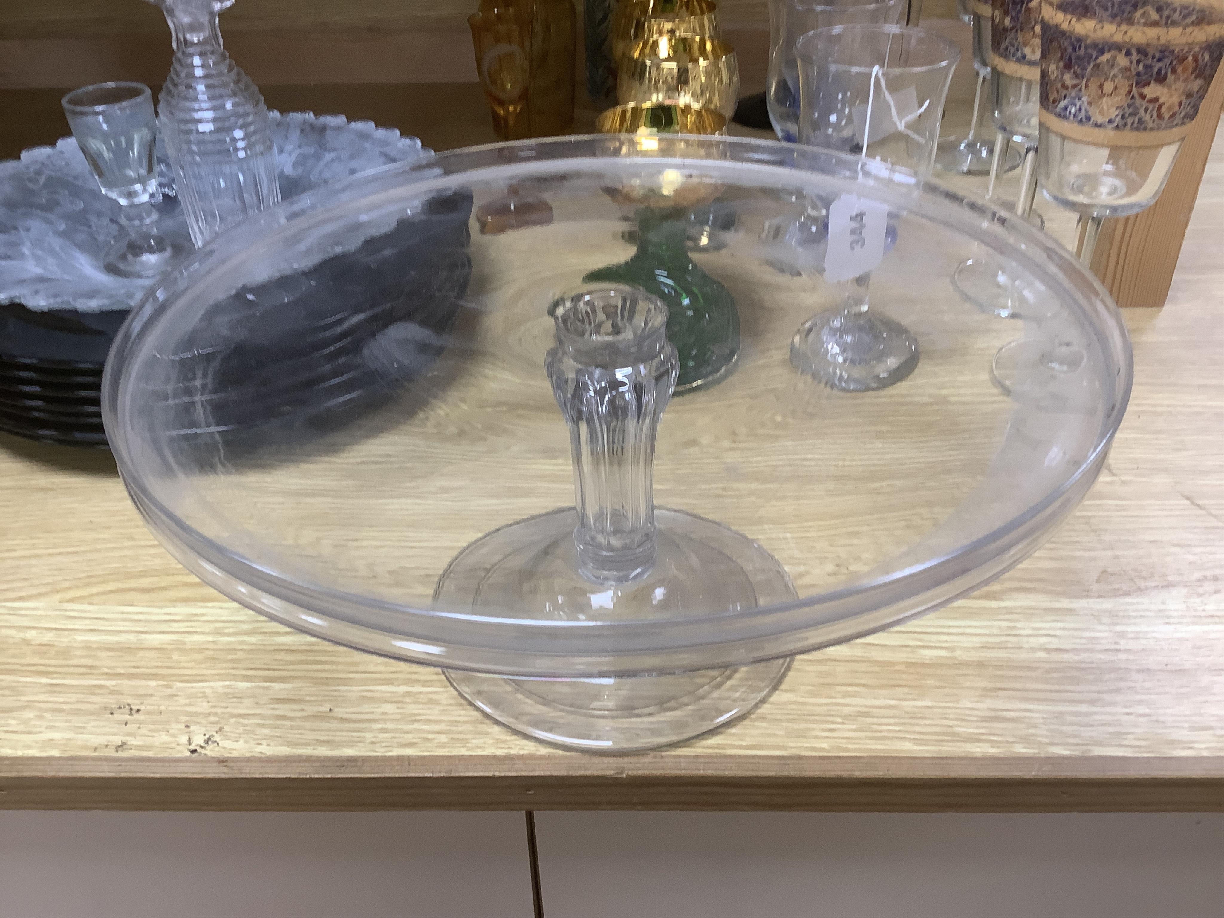 A quantity of 20th century coloured and clear glassware together with a mid 18th century Silesian stem glass tazza, largest 33cm in diameter